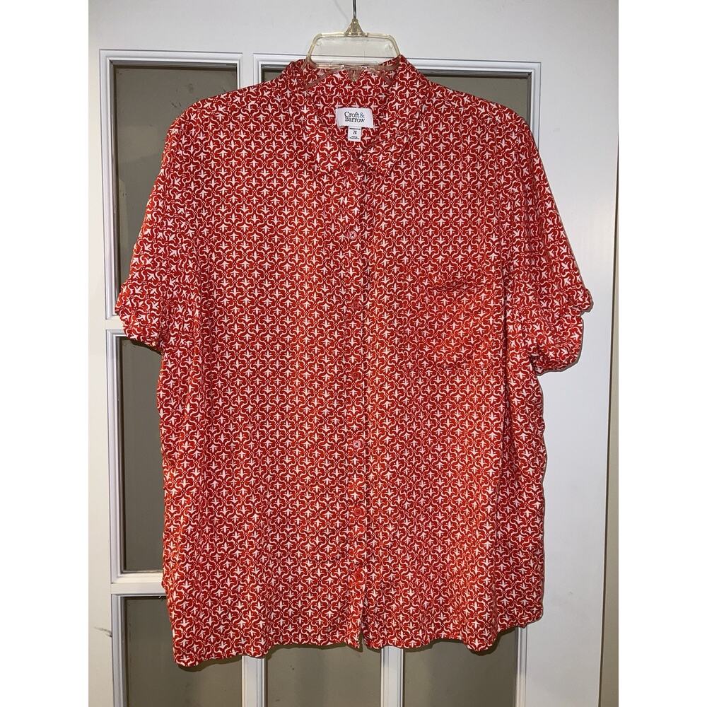 croft & barrow Red and White Geometric Short-Sleeve Blouse